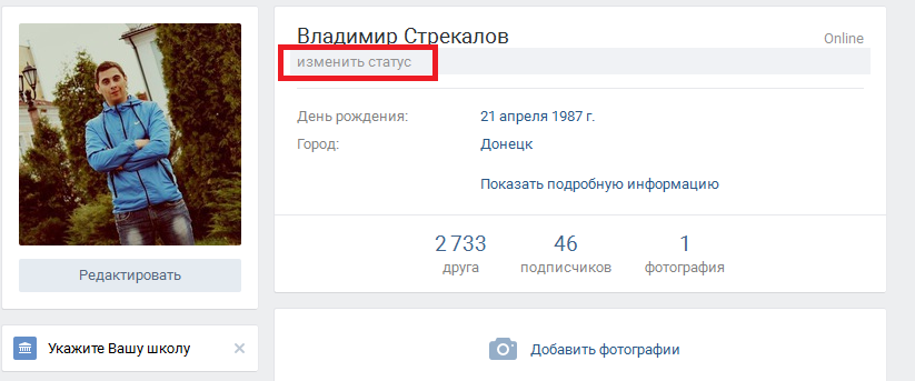 Функция изменения статуса Вконтакте